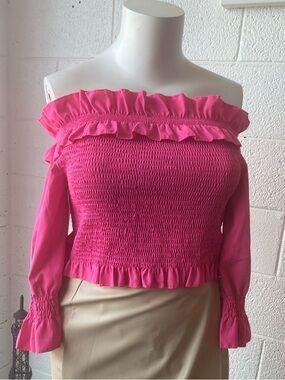 Off-Shoulder Smocked Ruffle Top - Hot Pink